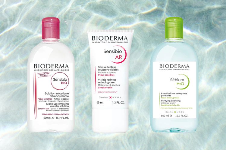Colagem de produtos Bioderma contra água