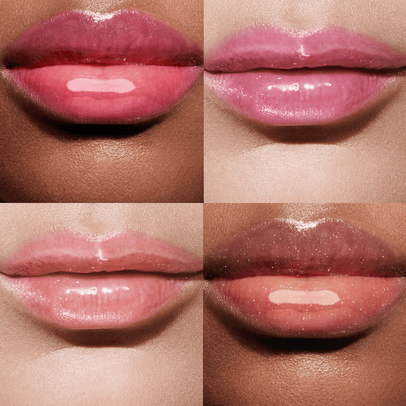 Quatro imagens de modelos com óleo de brilho labial Dior