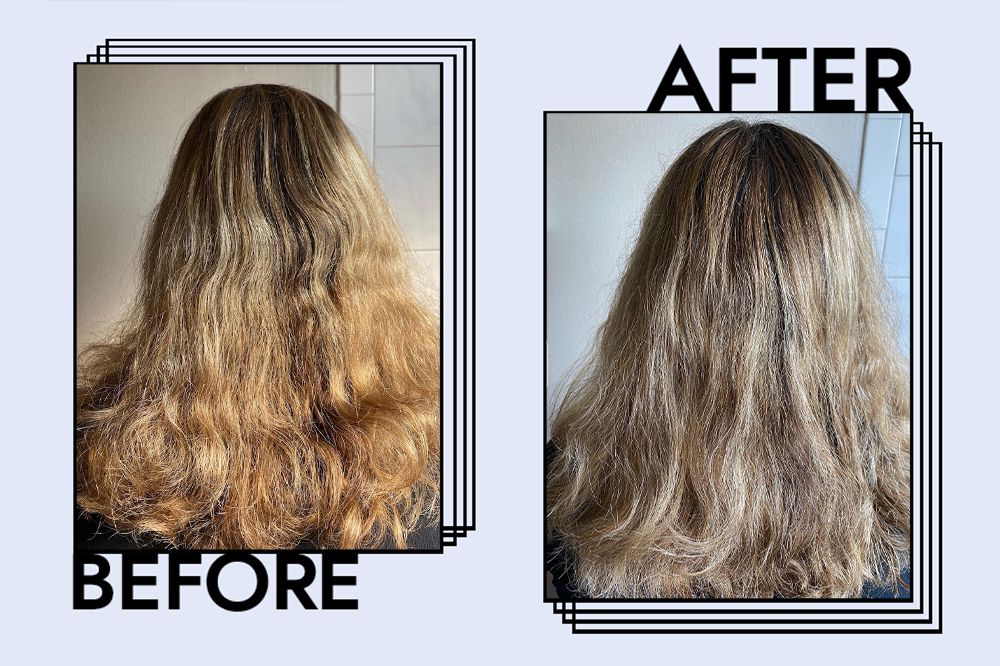 Fotos do cabelo do editor antes e depois como parte de uma revisão do shampoo matizador Olaplex No. 4P Blonde Enhancer