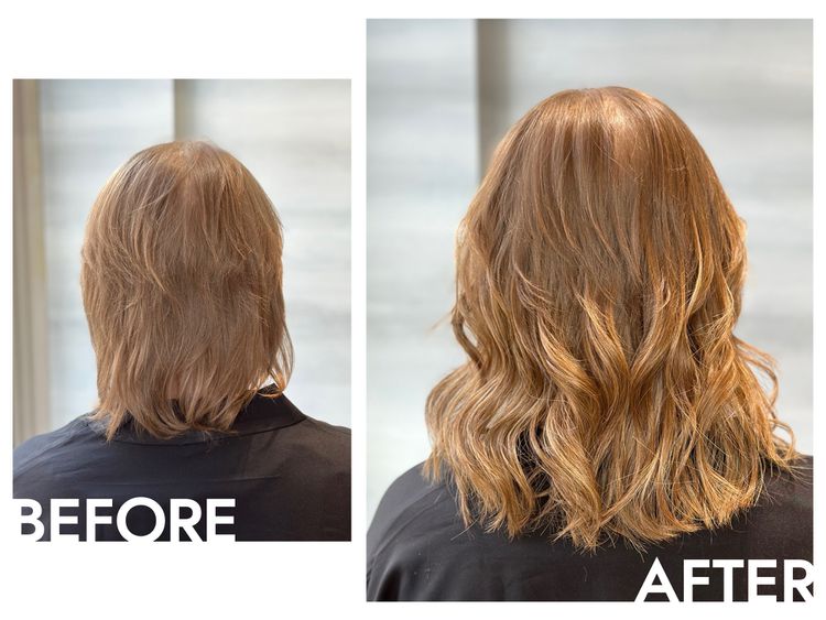 Autor antes e depois da extensão do cabelo, vista traseira