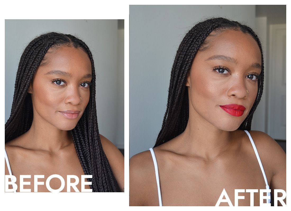 A autora de Byrdie, Khera Alexander, antes e depois de aplicar o Liquid Lipstick Superstay da Maybelline